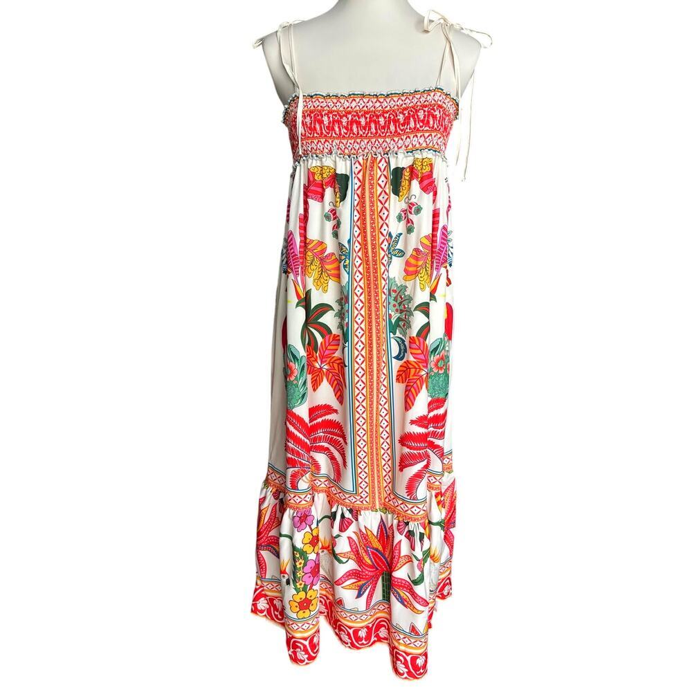 Wdirara Tropical Parrot Print Smocked Tie Strap Midi Dress Size Medium NWT
